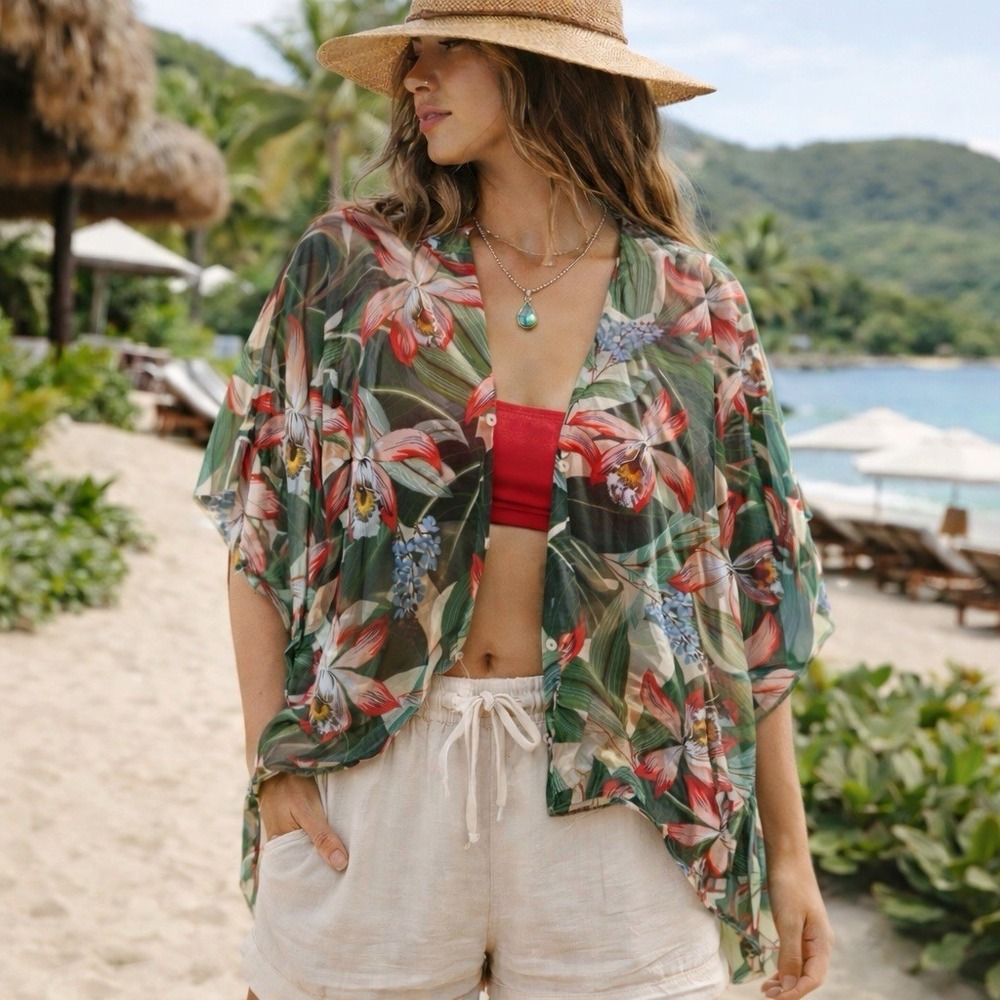 Cha Cha Vente Tropical Floral Kimono Cover-Up Size S Beachy Boho Resort Coastal